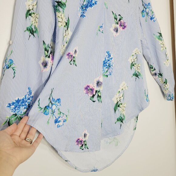 Another Story Womens Blue White Stripe Floral Print V-Neck High Low Blouse Small - Picture 3 of 10